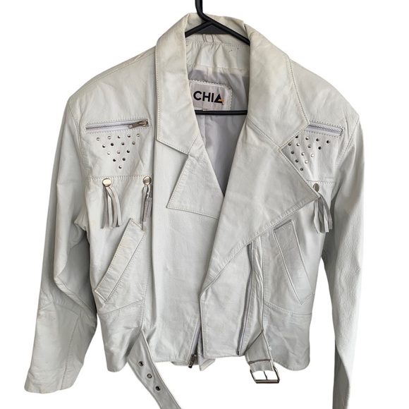 Vintage 80s Chia Moto Embellished Fringe Rocker Coat white Leather Jacket Large - Picture 1 of 9